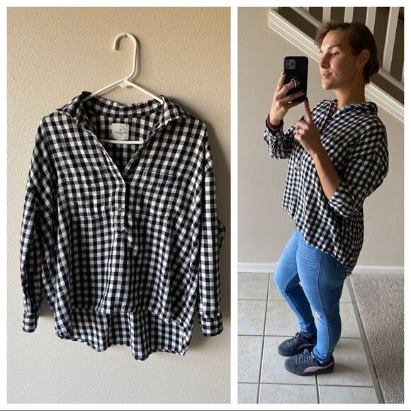 American Eagle Oversized Plaid Shirt Black White Small Relaxed Fit - Picture 4 of 12